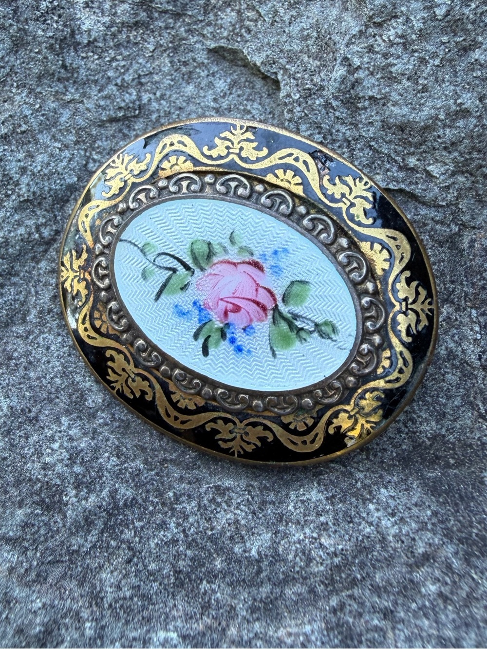Vintage Estate guilloché Enamel Brooch Pink Rose Black Gold Pin